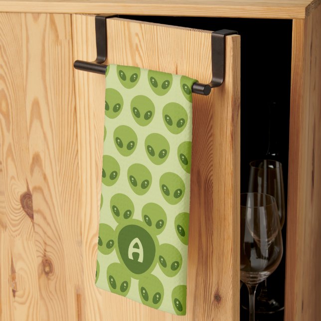 Cute Green Alien Pattern Monogram Tea Towel (Thirds Fold)