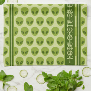Cute Green Alien Pattern with Your Name in Glyphs Tea Towel