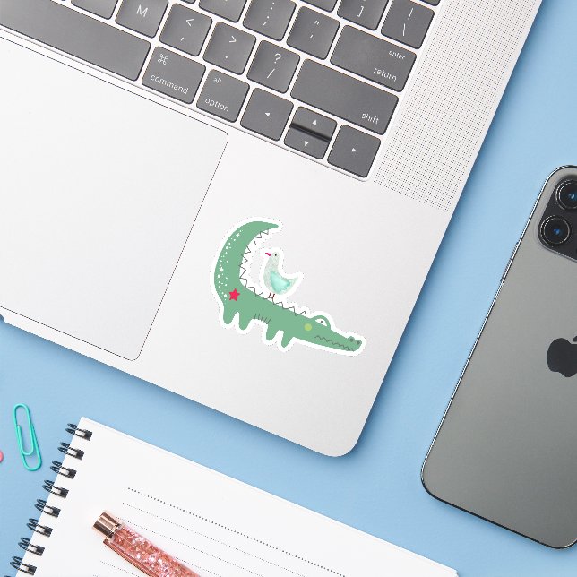 Cute Green Alligator with Seagull on Back Laptop (Laptop w/ iPhone)