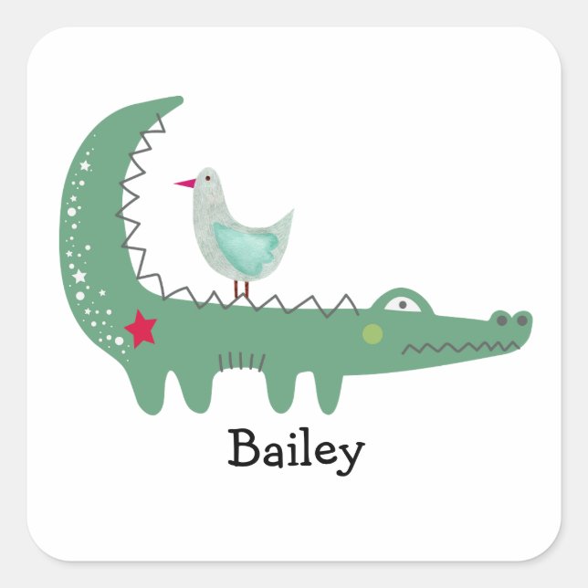 Cute Green Alligator with Seagull on Its Back  Square Sticker (Front)