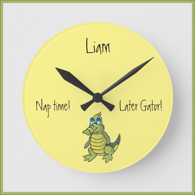 Cute Green Alligator Yellow Round Clock (Creator Uploaded)