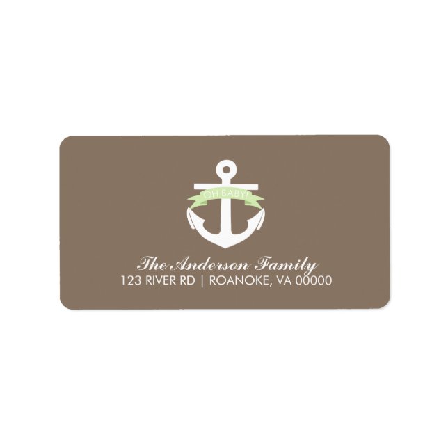 Cute Green Anchor and Ribbon Nautical Baby Shower Label (Front)