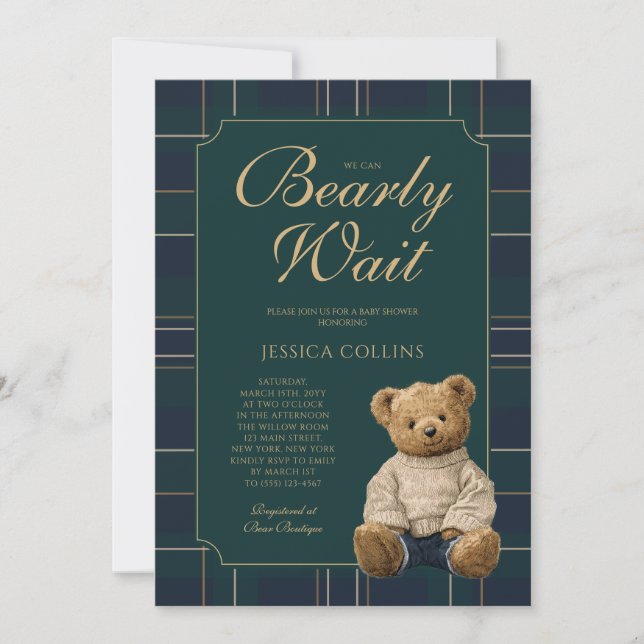 Cute Green and Blue We Can Bearly Wait Baby Shower Invitation (Front)