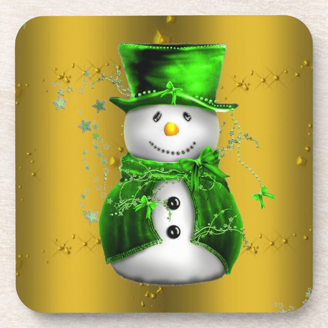 Cute Green and Gold Snowman Christmas Coaster (Front)