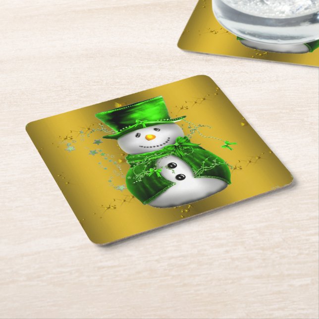 Cute Green and Gold Snowman Christmas Square Paper Coaster (Angled)