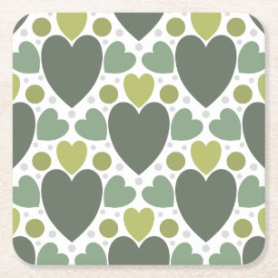 Cute green and grey modern trendy heart and dot square paper coaster