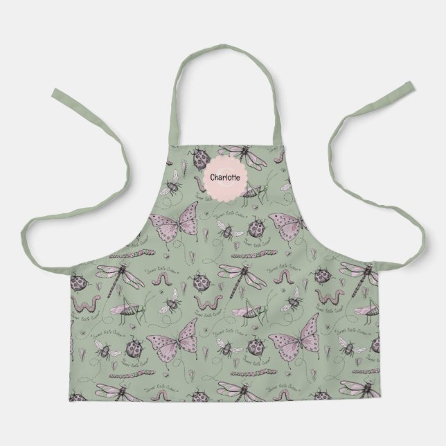 Cute Green and Pink Bugs Kids Apron (Front)