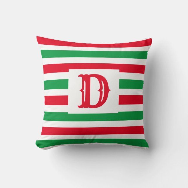 Cute Green and Red Striped Design Single Initial Cushion (Front)