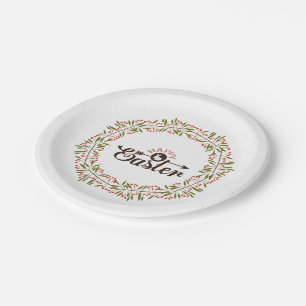 Cute Green And Red Wreath And Bunny Paper Plate