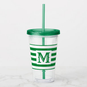 Cute Green and White Striped Design Single Initial Acrylic Tumbler