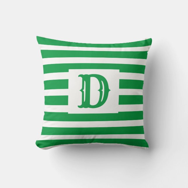 Cute Green and White Striped Design Single Initial Cushion (Front)