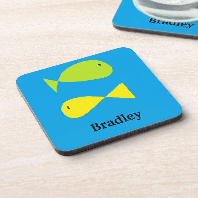 Cute green and yellow fishes on blue coaster (Left Side)