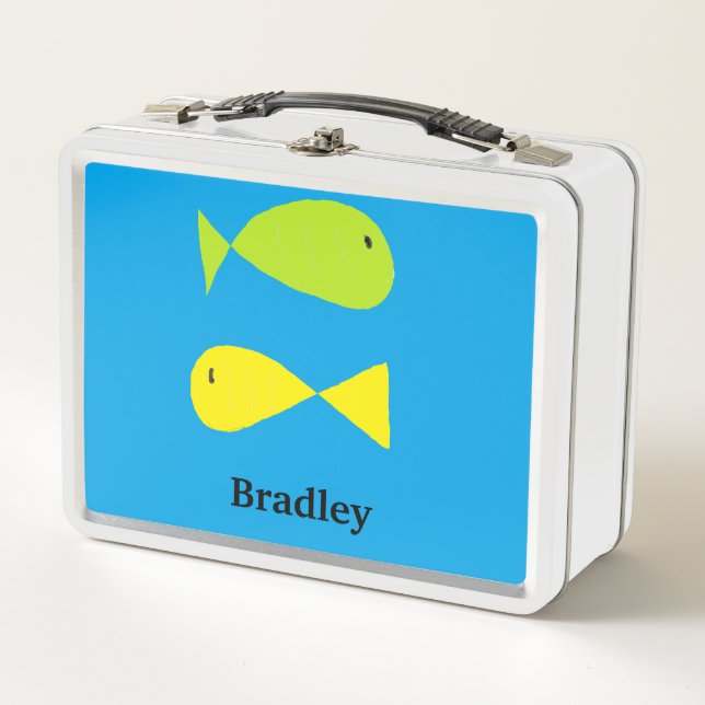 Cute green and yellow fishes on blue metal lunch box (Front)