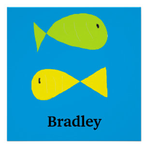 Cute green and yellow fishes on blue poster
