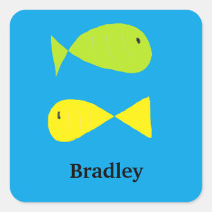 Cute green and yellow fishes on blue square sticker