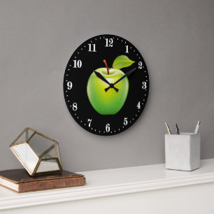Cute green apple lover kitchen decor large clock