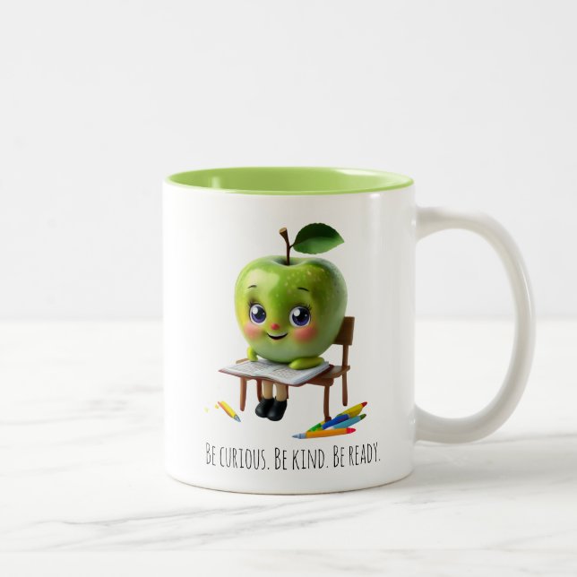Cute Green Apple Student – Be Curious Quote Design Two-Tone Coffee Mug (Right)