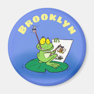 Cute green artist frog on lily pad cartoon magnet