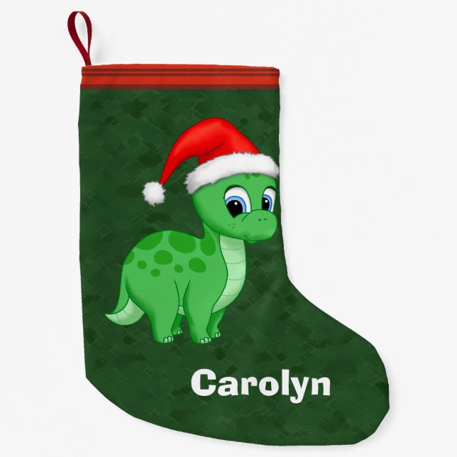 Cute Green Baby Dinosaur with Santa Hat Small Christmas Stocking (Front)
