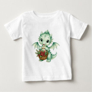 Cute Green Baby Dragon with Berry Basket Kids T-Shirt