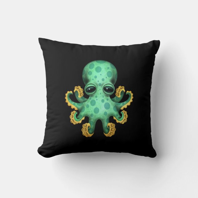 Cute Green Baby Octopus on Black Cushion (Front)