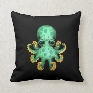 Cute Green Baby Octopus on Black Cushion