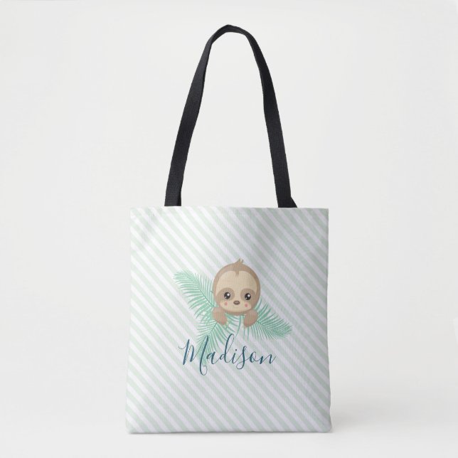 Cute Green Baby Sloth Monogram Tote Bag (Front)
