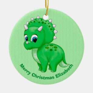 Cute Green Baby Triceratops Dinosaur Ceramic Ornament