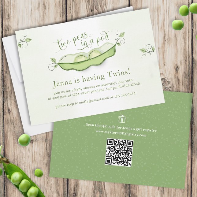 Cute Green Baby Twins Botanical Two Peas in a Pod Invitation (Creator Uploaded)