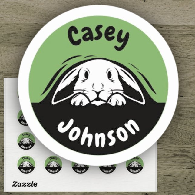 Cute Green Back to School Bunny Rabbit Name Classic Round Sticker (Creator Uploaded)