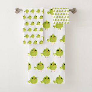 Cute Green Bird Cartoon Bath Towel Set