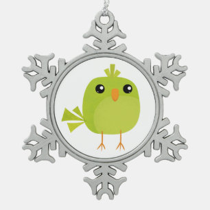 Cute Green Bird Cartoon Snowflake Pewter Christmas Ornament