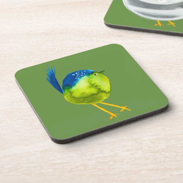 Cute green bird watercolor coaster (Left Side)