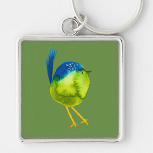Cute green bird watercolor key ring