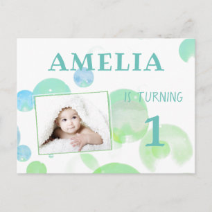 Cute Green Blue Bubbles 1st Birthday Party Photo Invitation Postcard