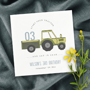 Cute Green Blue Farm Tractor Kids Any Age Birthday Napkin