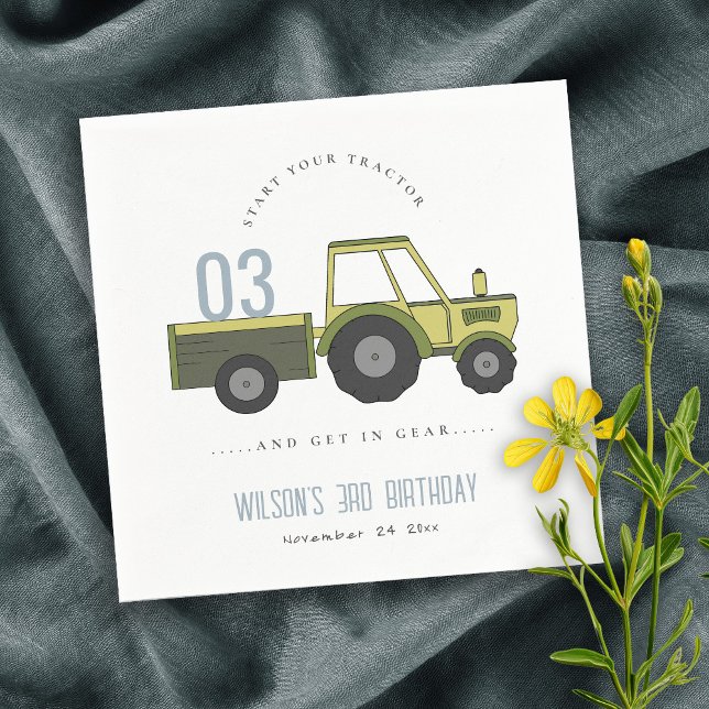 Cute Green Blue Farm Tractor Kids Any Age Birthday Napkin (Creator Uploaded)