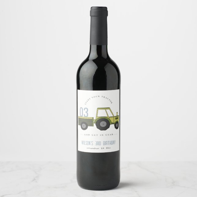 Cute Green Blue Farm Tractor Kids Any Age Birthday Wine Label (Front)