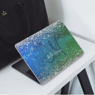 Cute green blue faux gold glitter monogram HP laptop skin