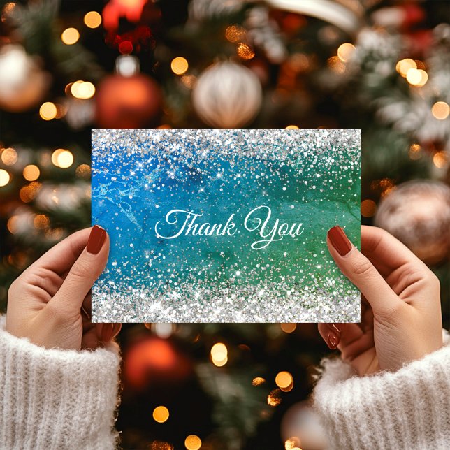 Cute green blue faux gold glitter monogram thank you card (Creator Uploaded)