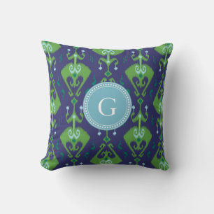 Cute green blue ikat tribal pattern monogram cushion