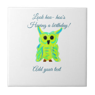 Cute green blue pastel owl pun add text birthday t ceramic tile