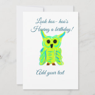 Cute green blue pastel owl pun add text birthday t invitation