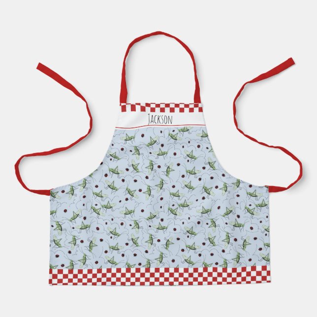 Cute Green, Blue & Red Grasshoppers Kids Gardening Apron (Front)