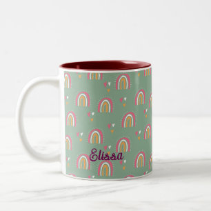 Cute Green Boho Rainbow Heart Custom Name Two-Tone Coffee Mug