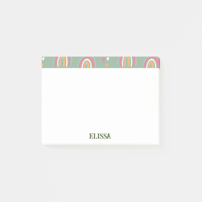 Cute Green Boho Rainbow Heart Name Personalised Post-it Notes (Front)