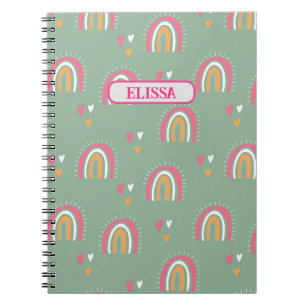 Cute Green Boho Rainbow Heart Name Personalized Notebook
