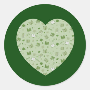 Cute Green Book and Reading Pattern heart Classic Round Sticker