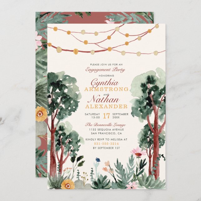 Cute Green Botanical Trees Unique Engagement Party Invitation (Front/Back)