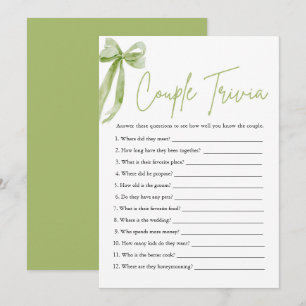 Cute Green Bow Couple Trivia Bridal Shower Game Invitation